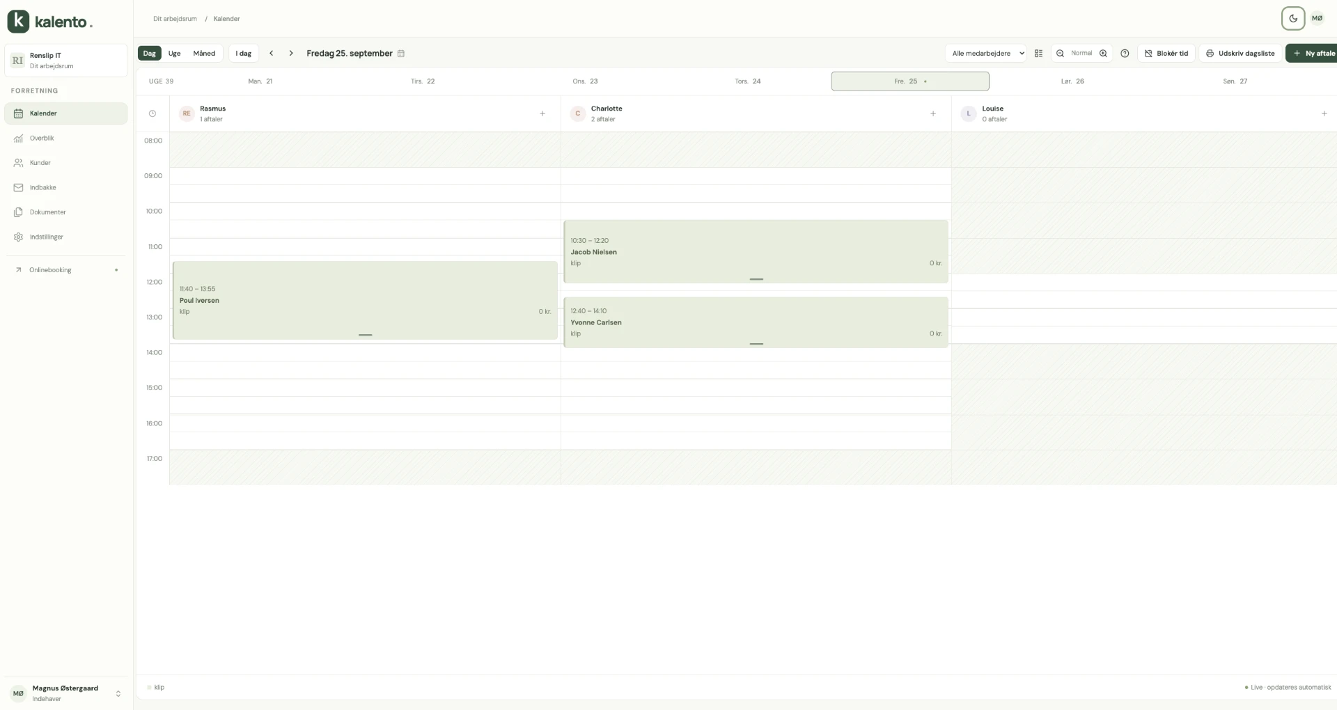 Kalentos kalender med medarbejdere, tider og aftaler
